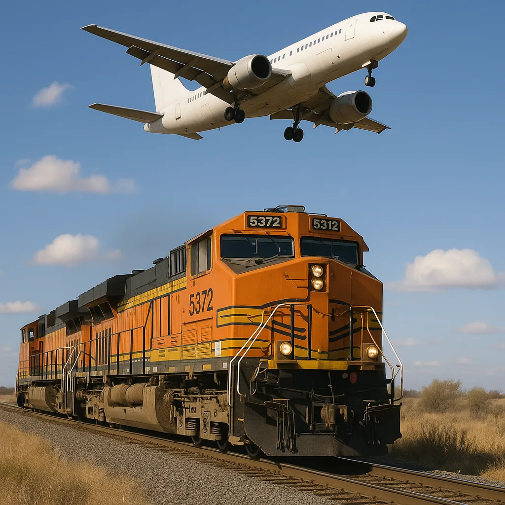 Jet Soaring Overhead While a Locomotive Travels Below It