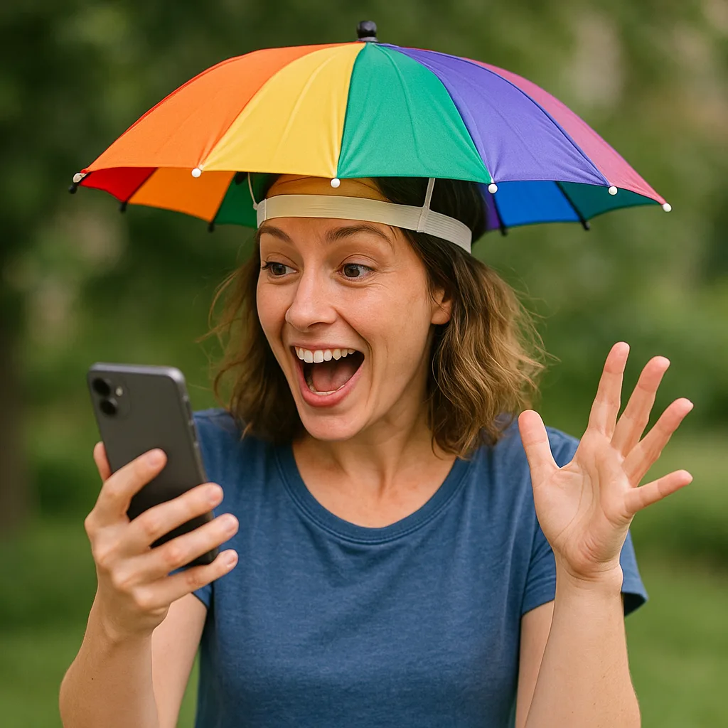 Woman with an Umbrella Hat in Rainbow Colors Holds