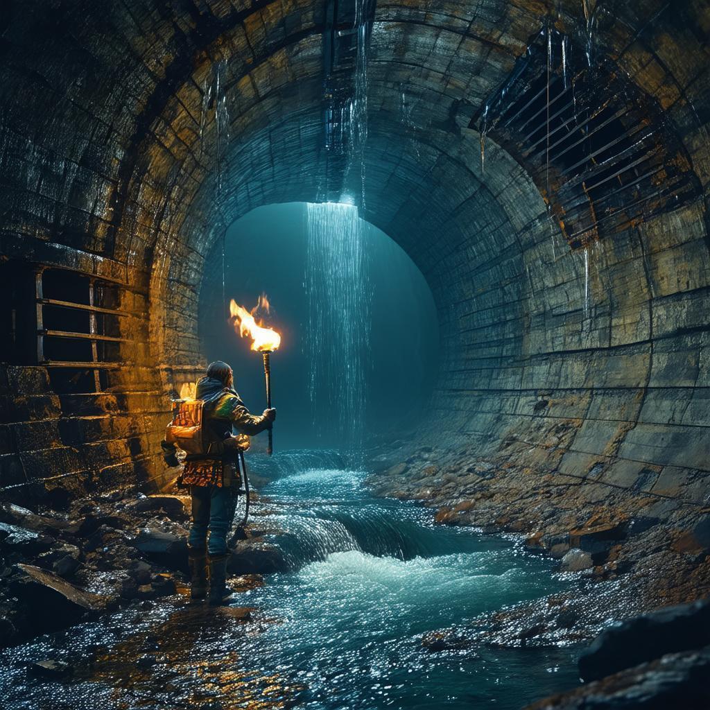 Torchlit Adventurer in a Crumbling Sewer Tunnel