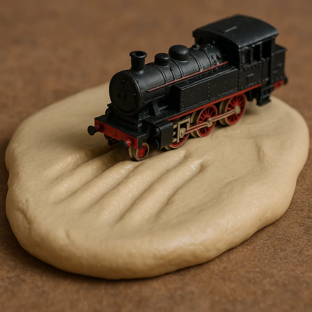 Small-scale Train Positioned on a Layer of Pliable Putty