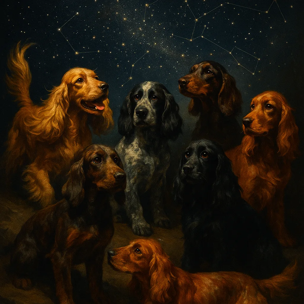 Several Cocker Spaniels—a Golden One with Profusely Feathered Ears