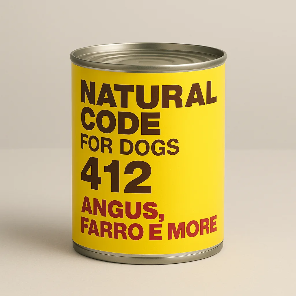 Yellow Can Labeled "Natural Code for Dogs 412" Featuring "Angus