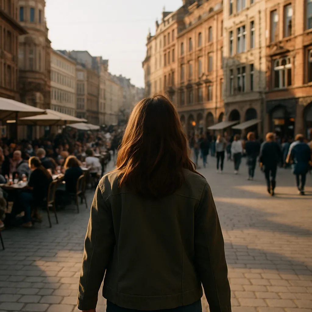 Woman Wearing a Jacket Walks Towards a Busy City Square