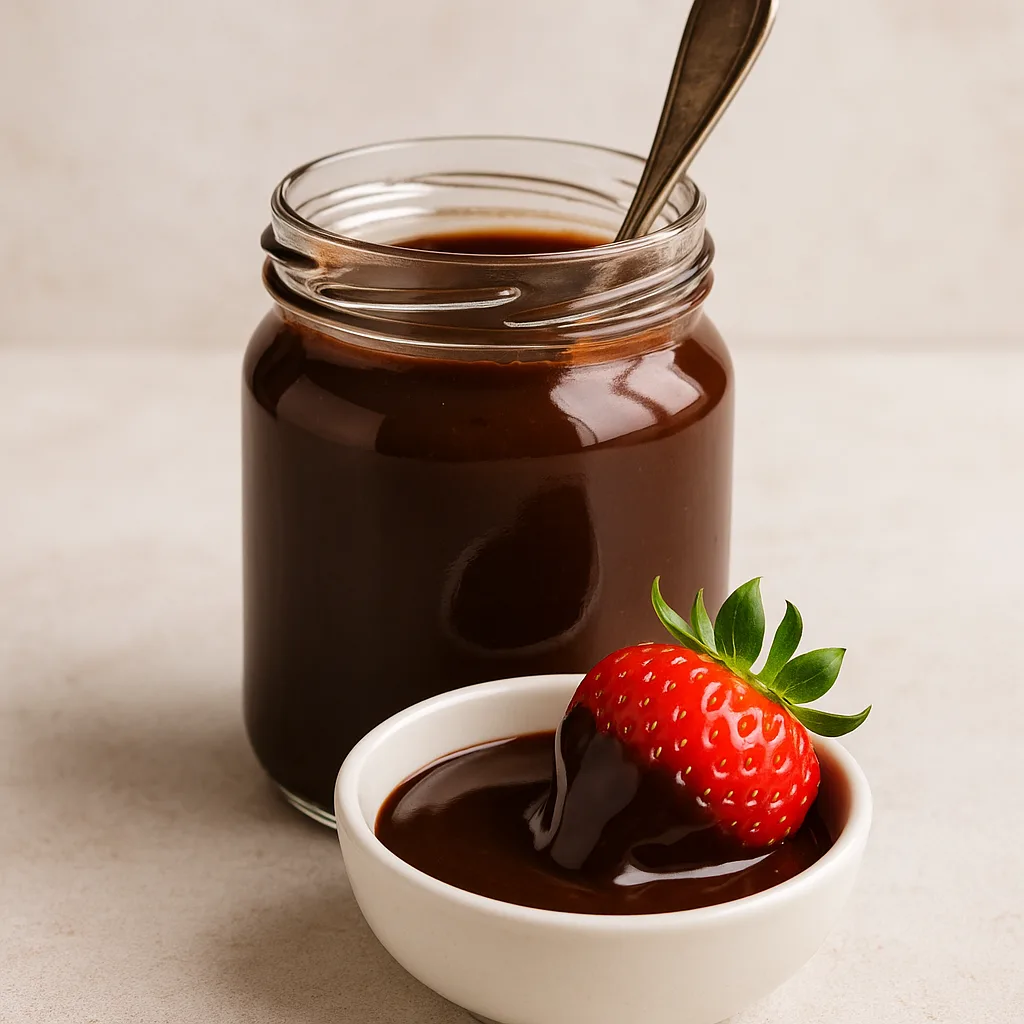 Jar of Rich Homemade Fudge Sauce with a Spoon