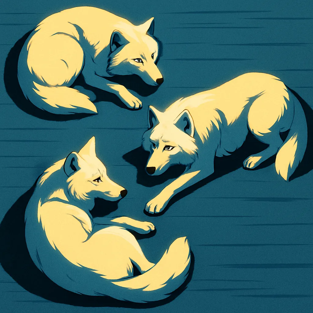 Three Diverse White Wolves in Bold Graphic Style