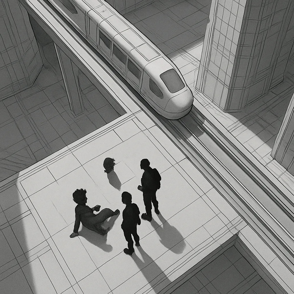 Three Diminutive Figures Interact with Stark Clarity