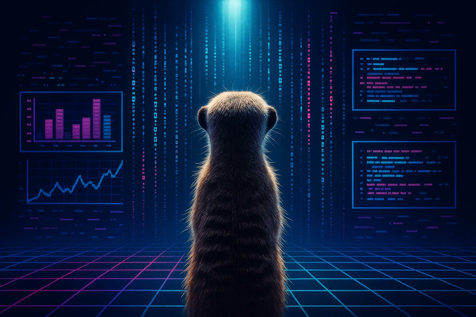 Lone Meerkat Faces Streams of Radiant Holographic Data under Intense