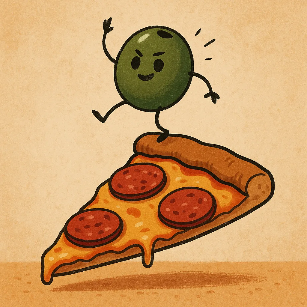 Adventurous Olive Teeters on the Edge of a Pizza Slice