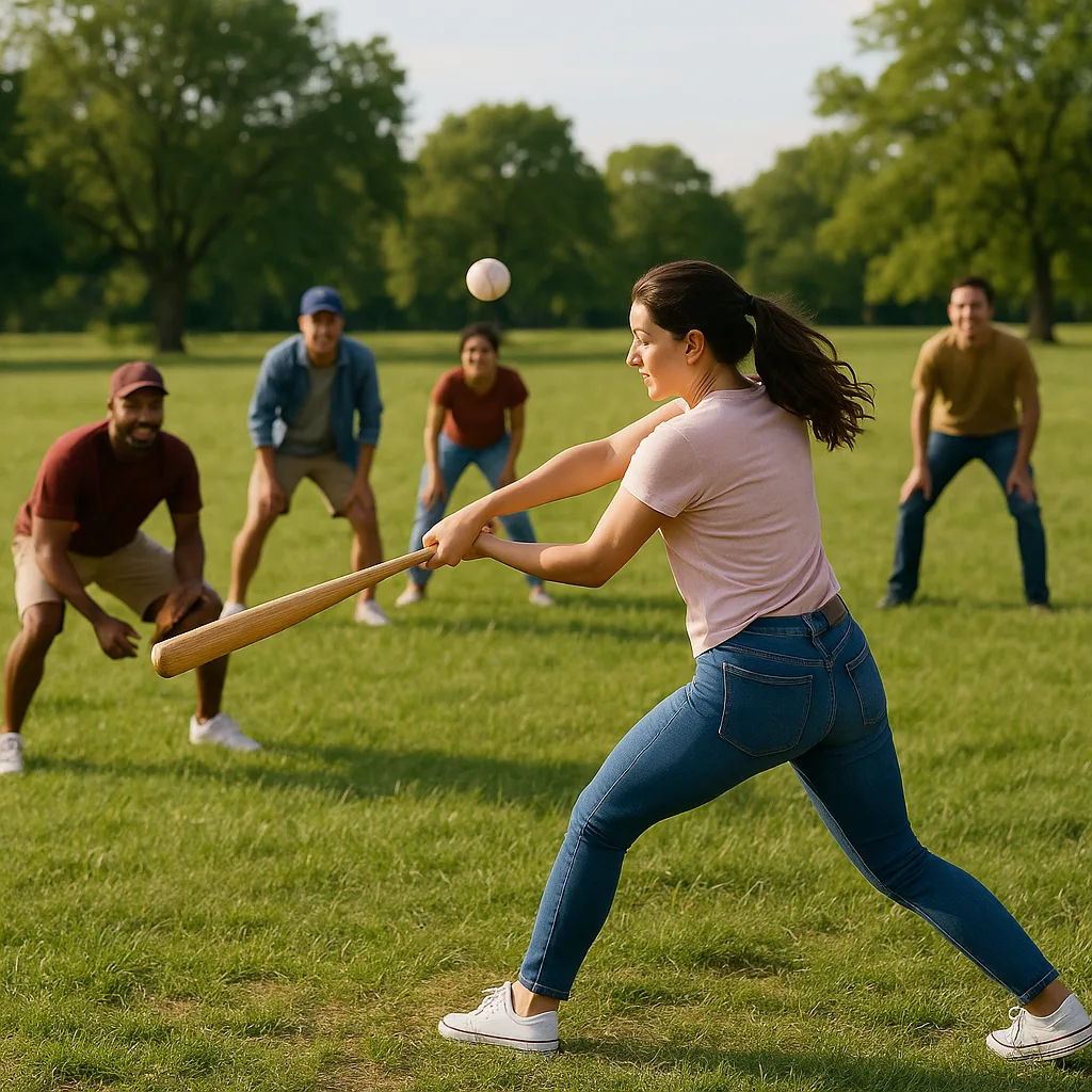 Group of People Playing Baseball in a Grassy Field