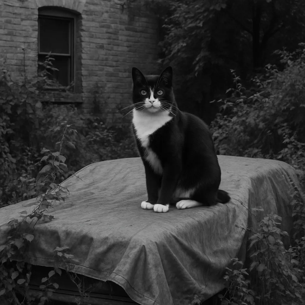 Black-and-white Cat Sits on Top of a Car