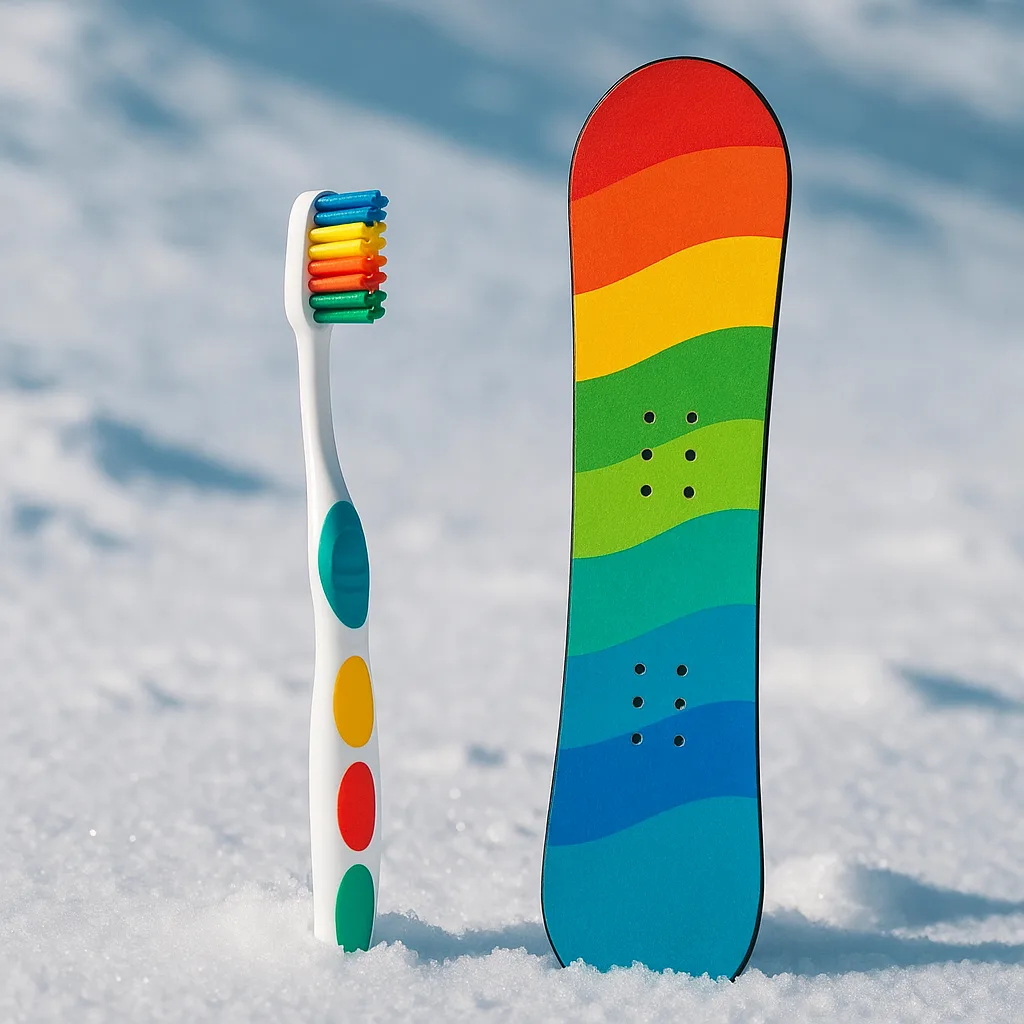 Vibrant Toothbrush Placed Beside a Snowboard