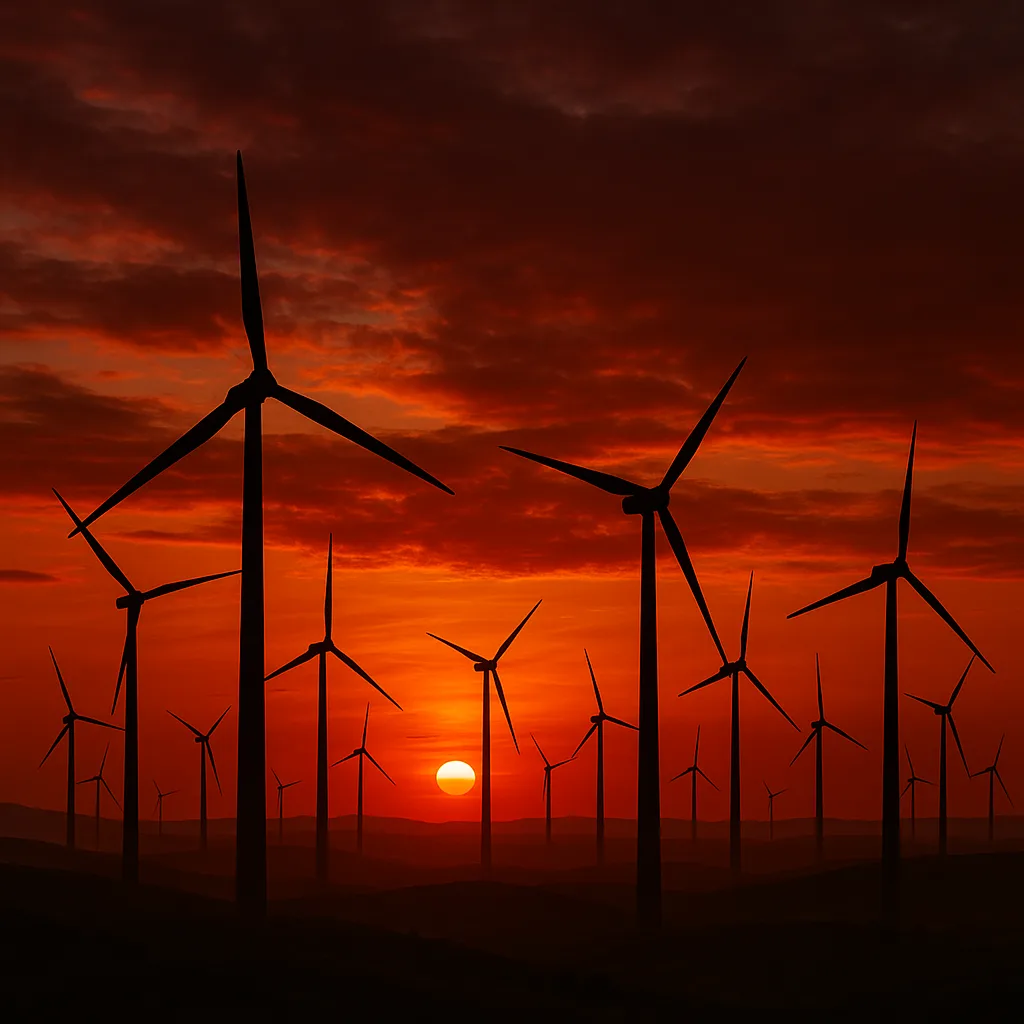 Dozens of Colossal Wind Turbines Stand