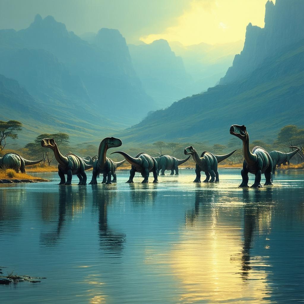 Sauropod Herd Migrating Past a Golden Lakeside
