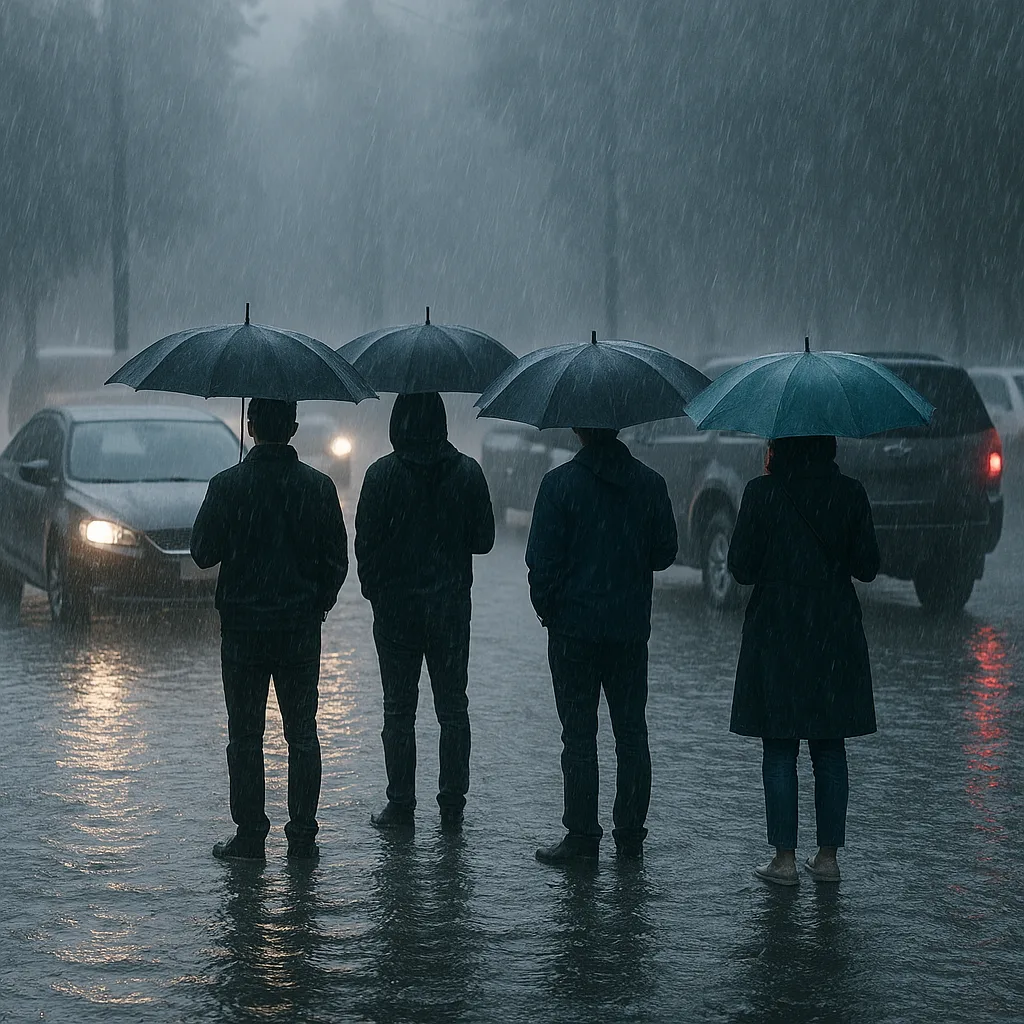 Group of People with Umbrellas Stand on a Flooded Street
