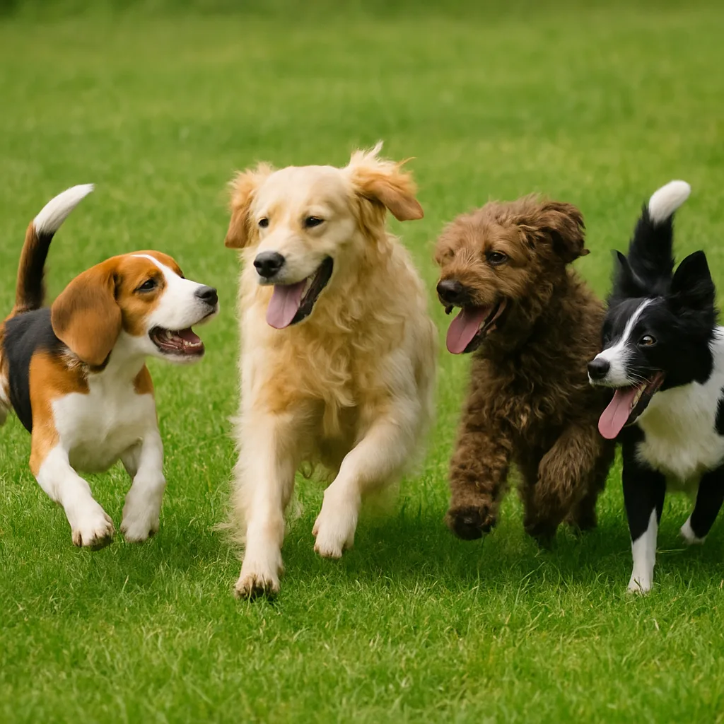 Four Dogs Frolicking Together in a Vibrant