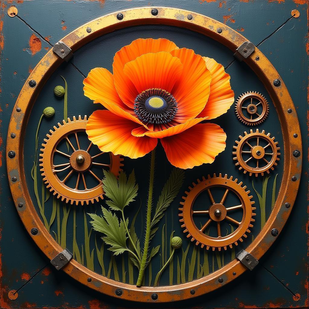 Orange Poppy Encased in Mechanical Gears Fresco