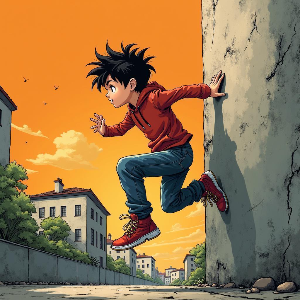 Bold Manga Boy Leaping Off a Wall