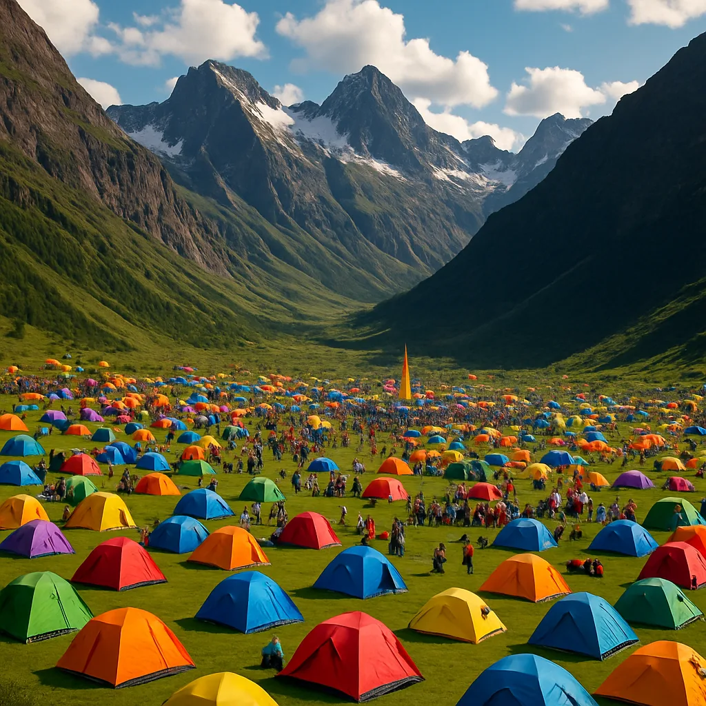 Many Colorful Tents Are Clustered Across a Wide Mountain Valley