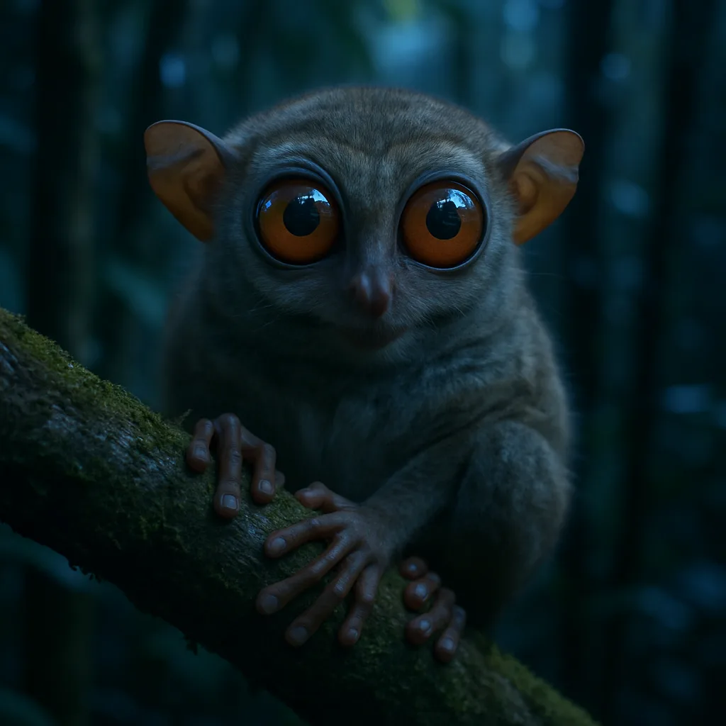 Tarsier Clinging to a Moss-covered Tree Branch in a Dense