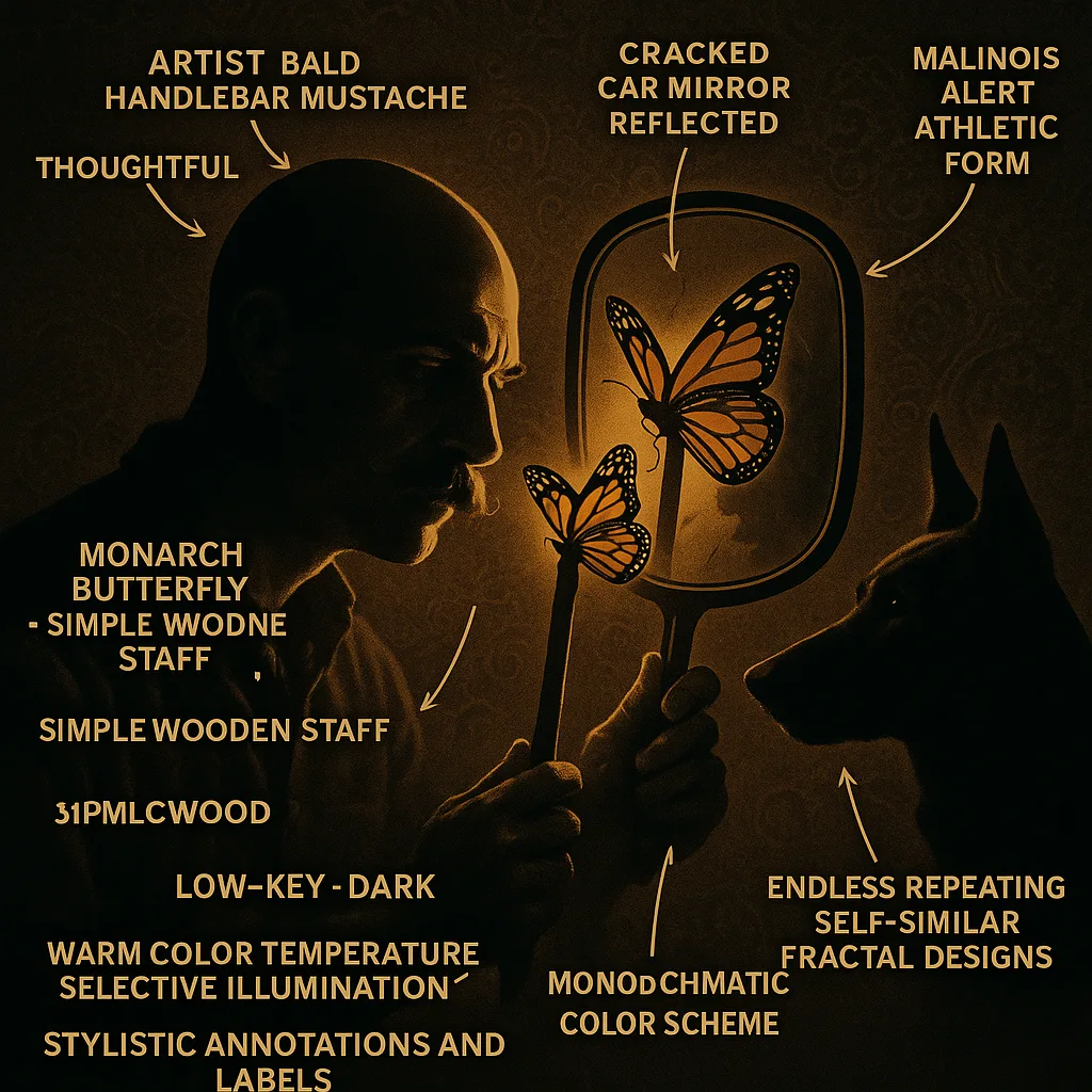 Bald Artist with a Prominent Handlebar Mustache Thoughtfully Holds