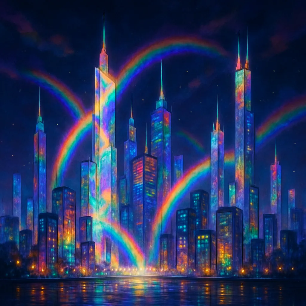 Radiant Urban Scene with Glowing Buildings