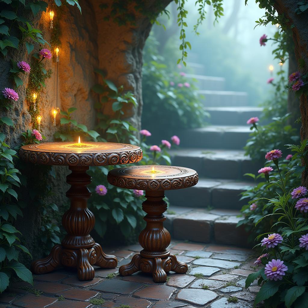 Enchanted Nesting Tables Beside Glowing Fantasy Flora