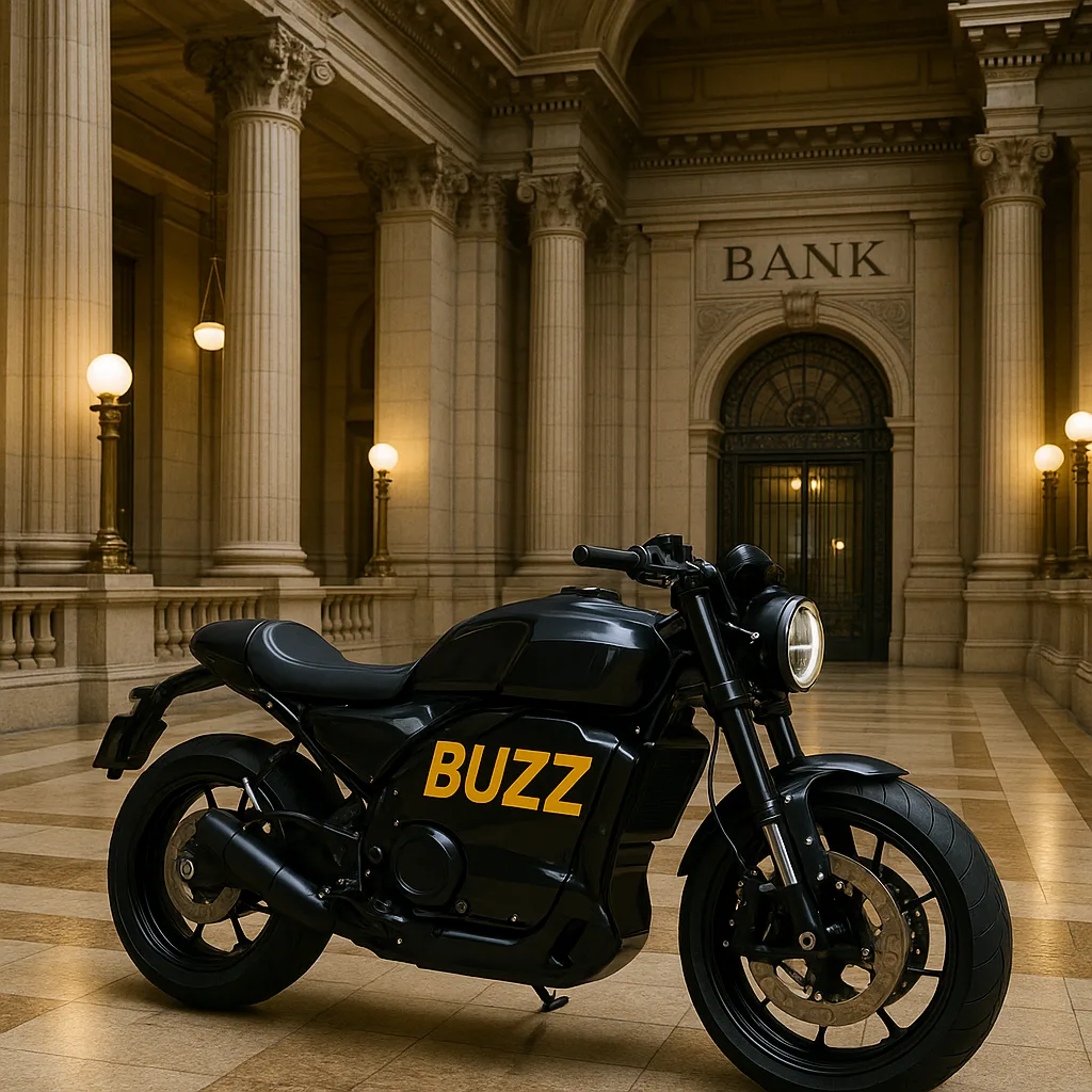 Stylish Motorcycle Parked Within an Opulent Bank Lobby