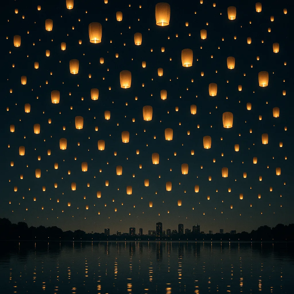 Countless Glowing Lanterns Ascend into the Night Sky