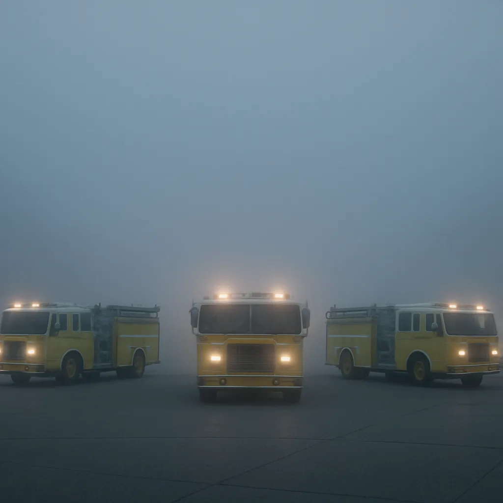 Five Yellow Fire Trucks Are Arranged in a Loose Arc
