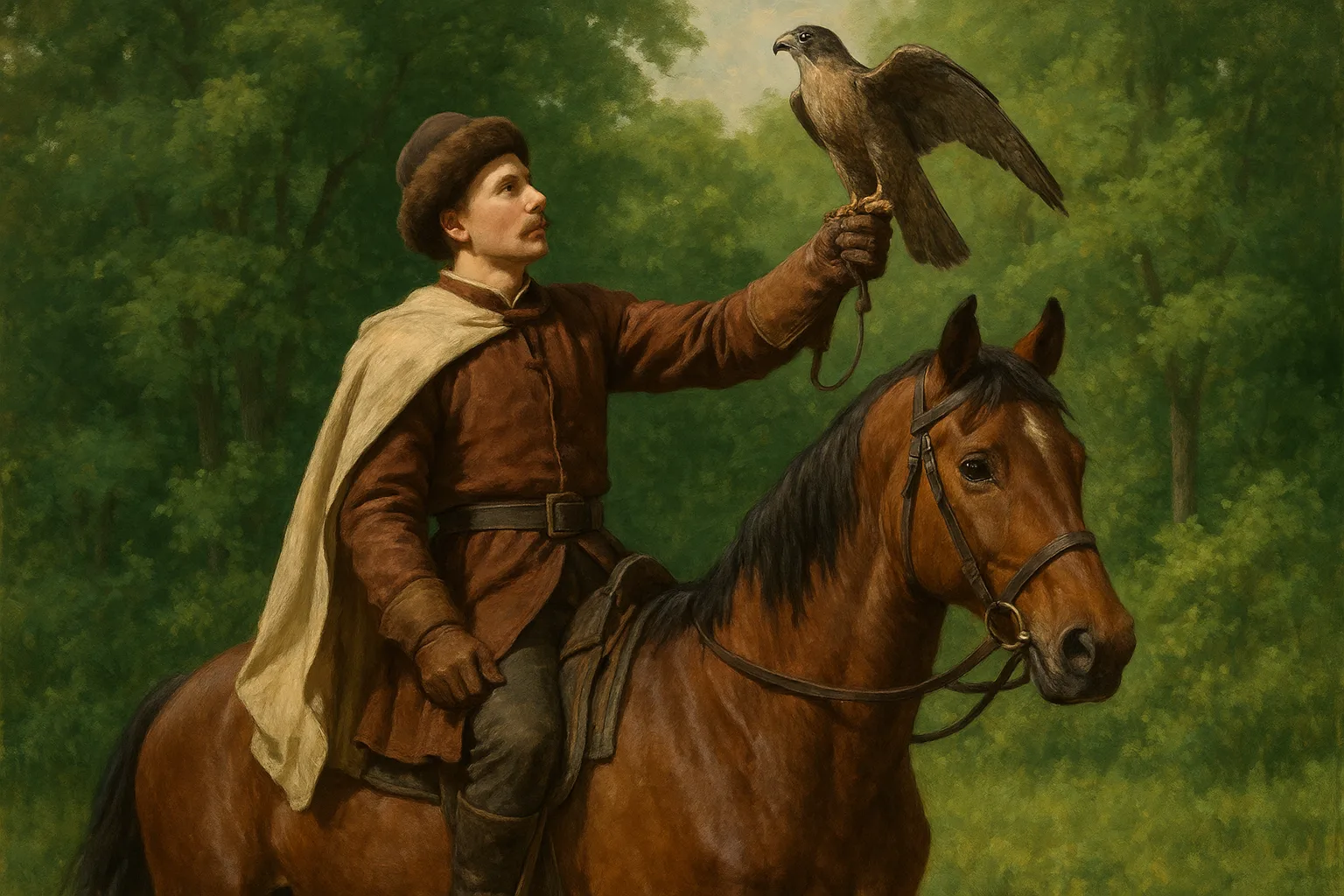 Person Dressed in Historical Attire Riding a Brown Horse