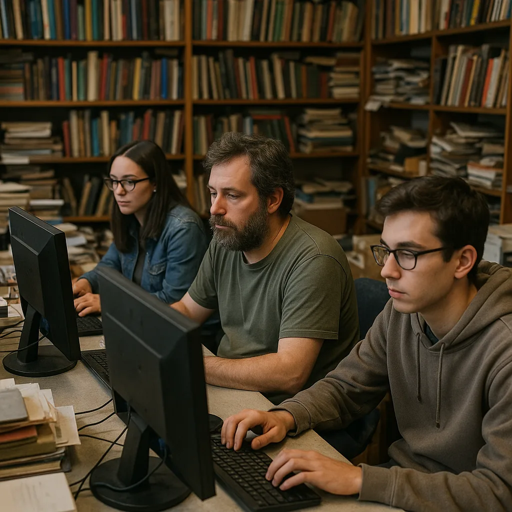Three Individuals Are Seated in a Cluttered Room with Bookshelves