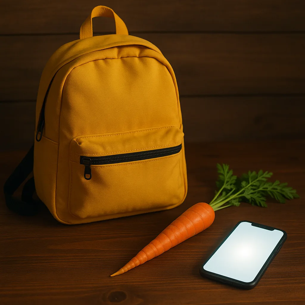 Wooden Table Holding a Bright Yellow Backpack