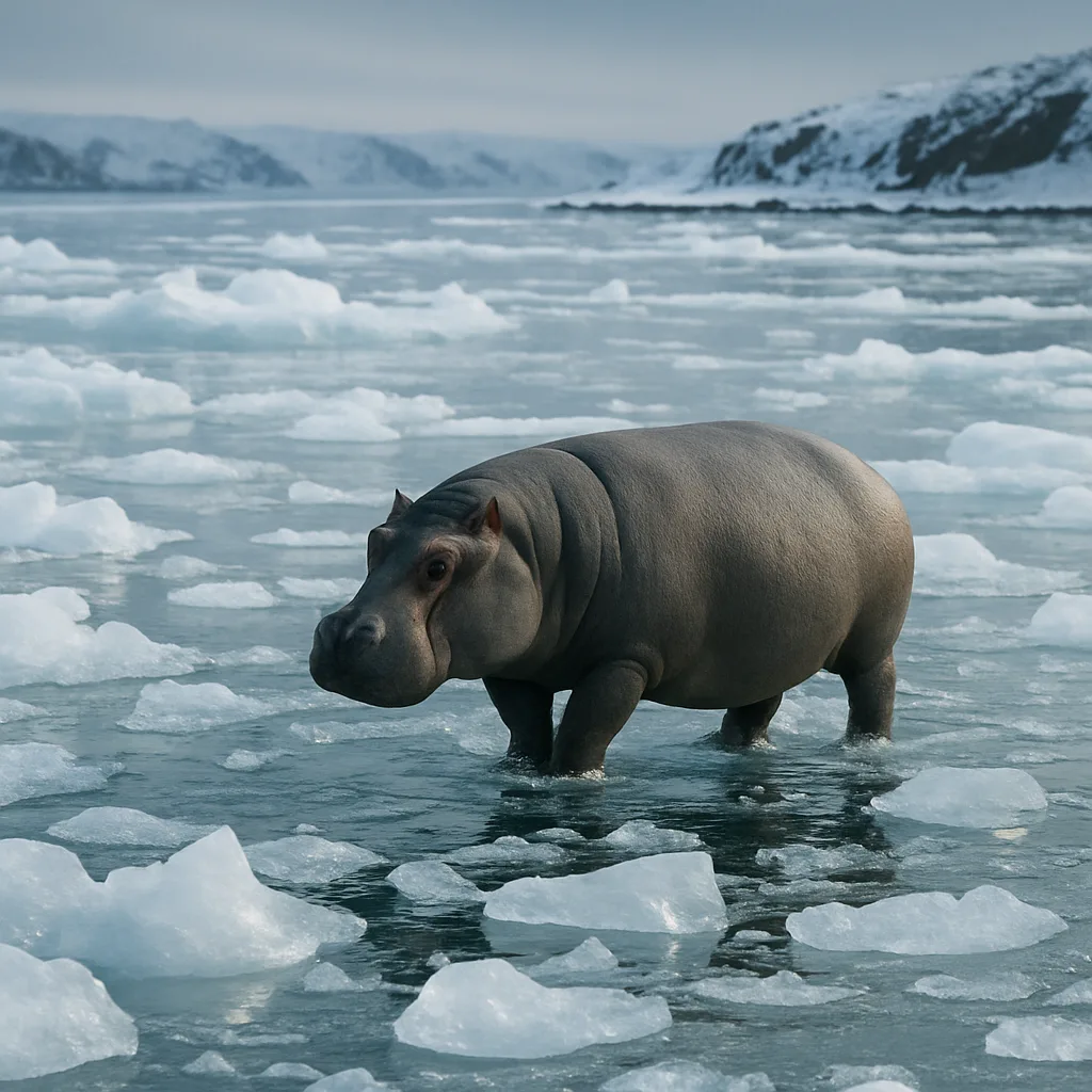 Solitary Hippopotamus Immerses Itself in Frigid Waters