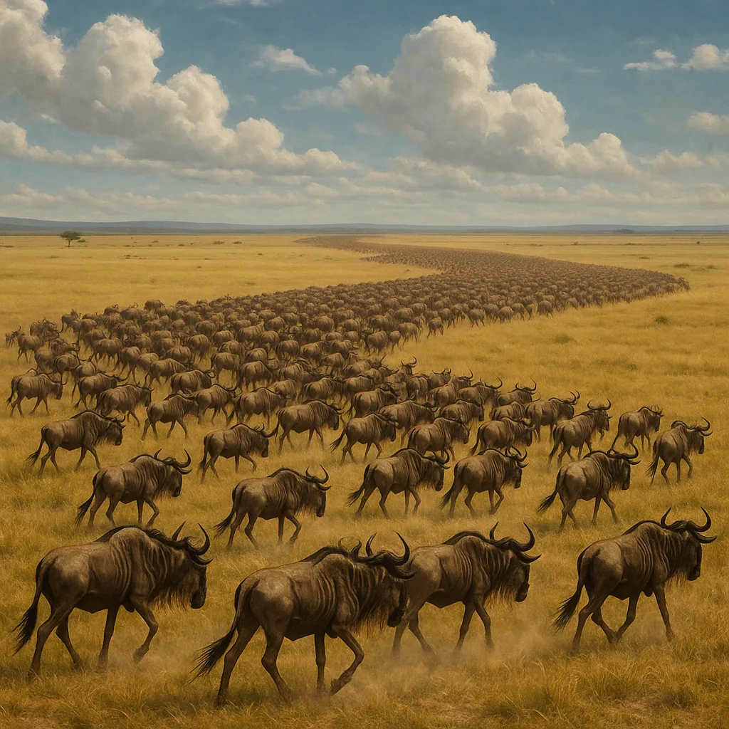 Vast River of Countless Wildebeest Stretches
