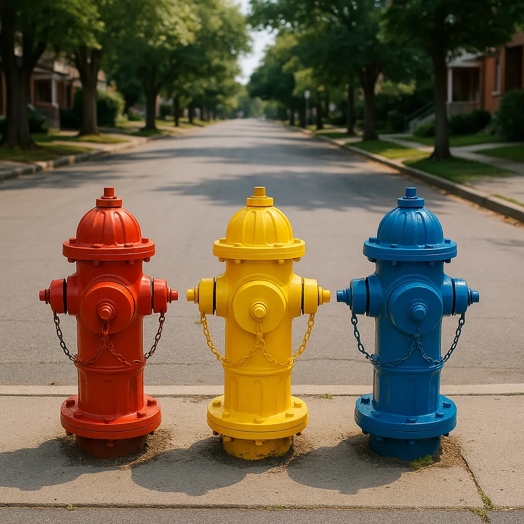 Three Vividly Colored Fire Hydrants Lined Up on a Calm
