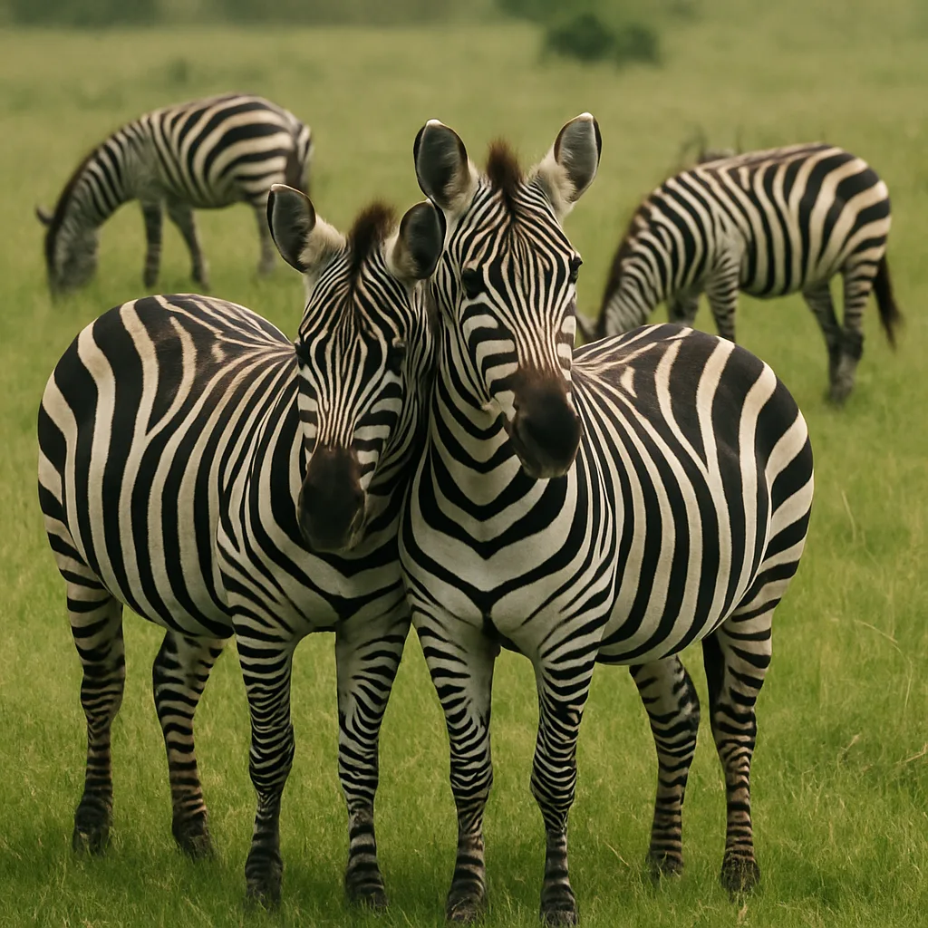Group of Zebras Grazing in a Grassy Field