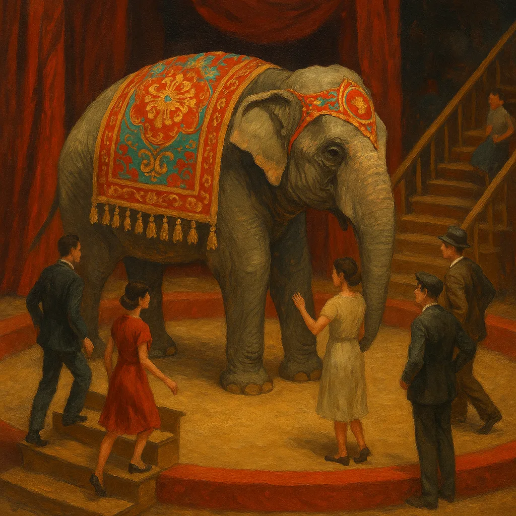 Elephant Adorned with Decorative Cloth Stands on a Circus Stage