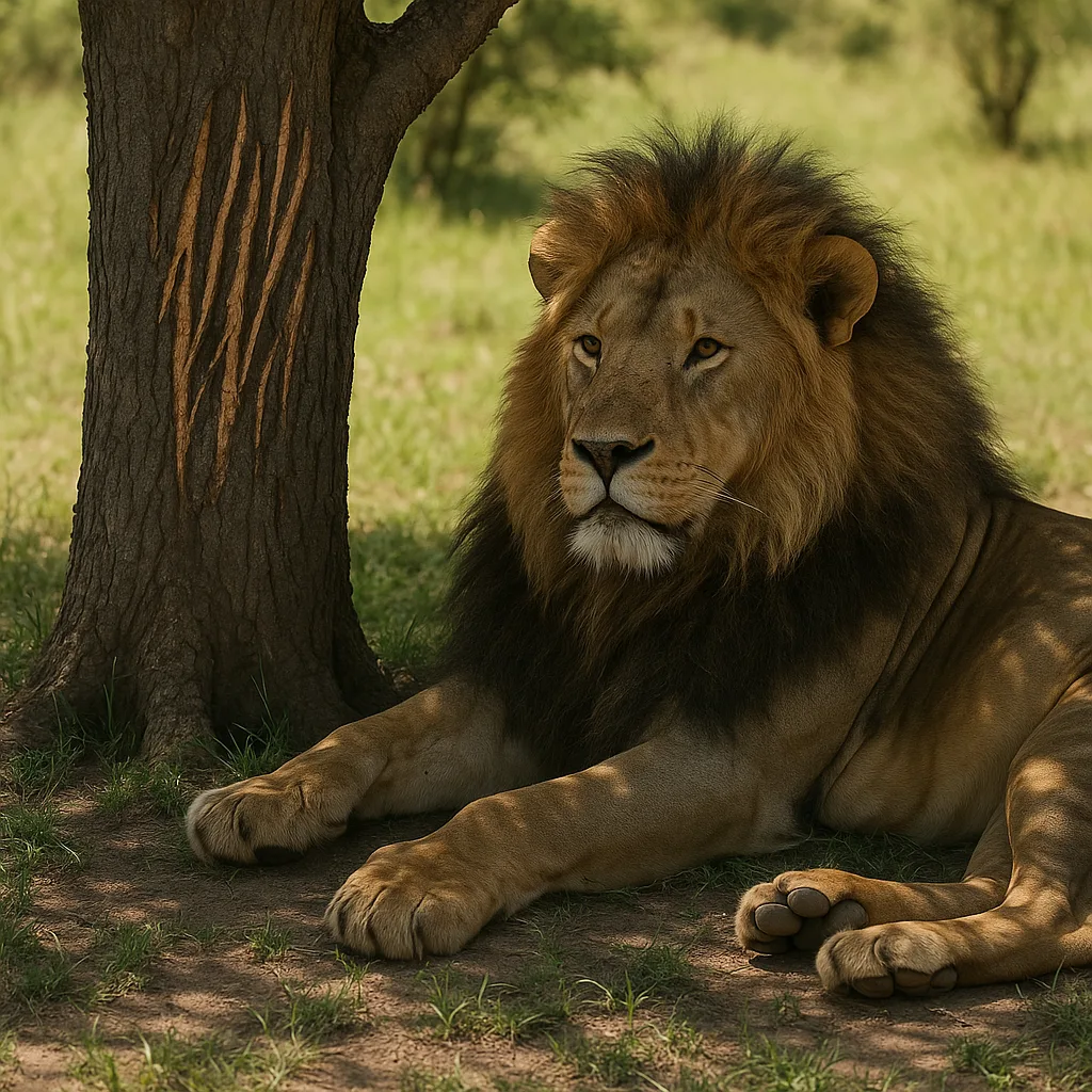 Lion Lounging near a Tree in the Cool Shade