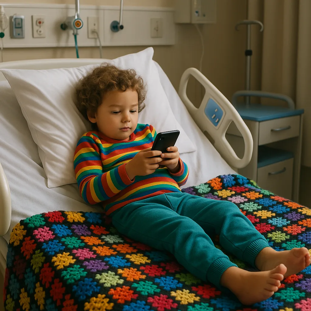 Young Child in Colorful Clothing Reclines on a Hospital