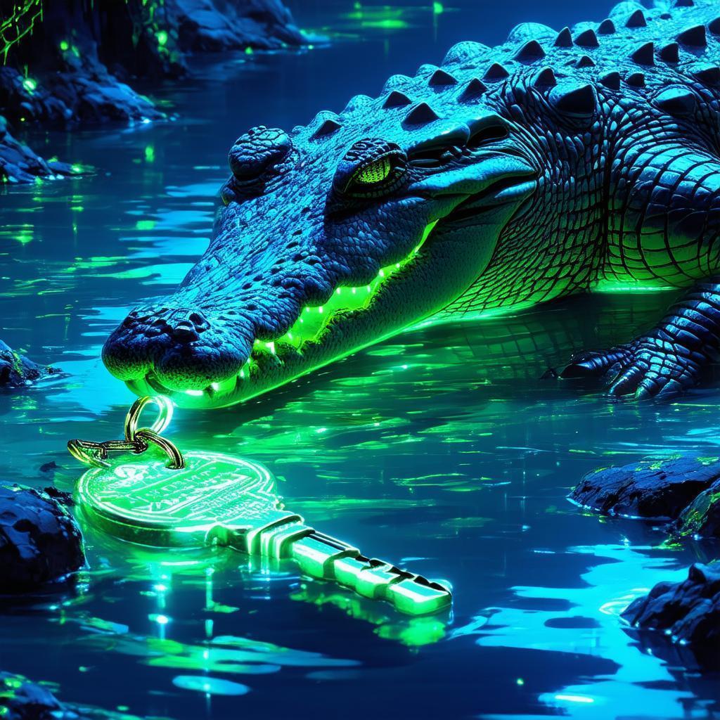Neon Crocodile Finding a Key in a Cybernetic Lake