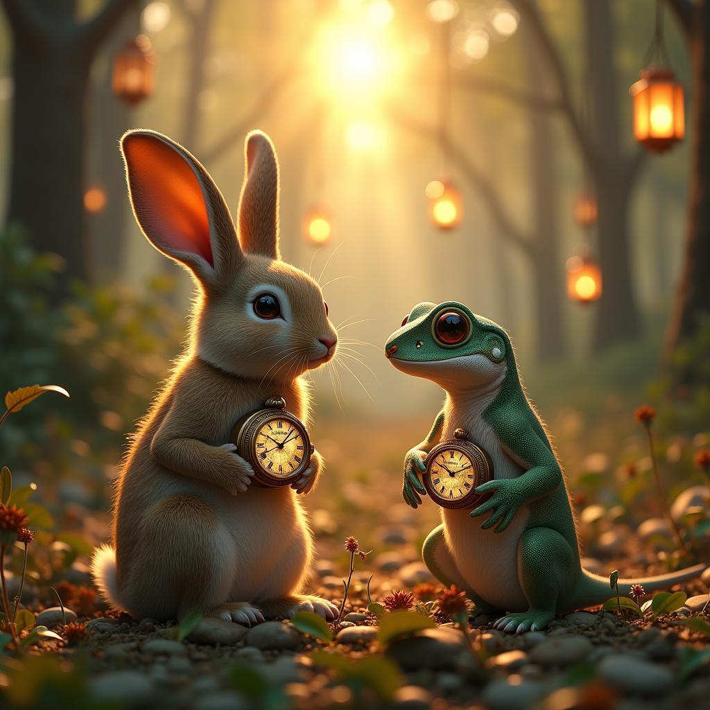 Whimsical Forest Rabbit and Gecko Consulting Antique Watches