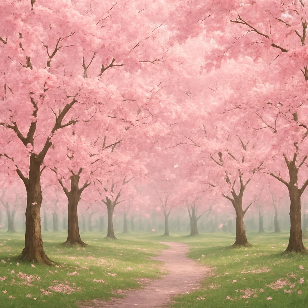 Tranquil Orchard of Cherry Trees Adorned with Blooming Flowers