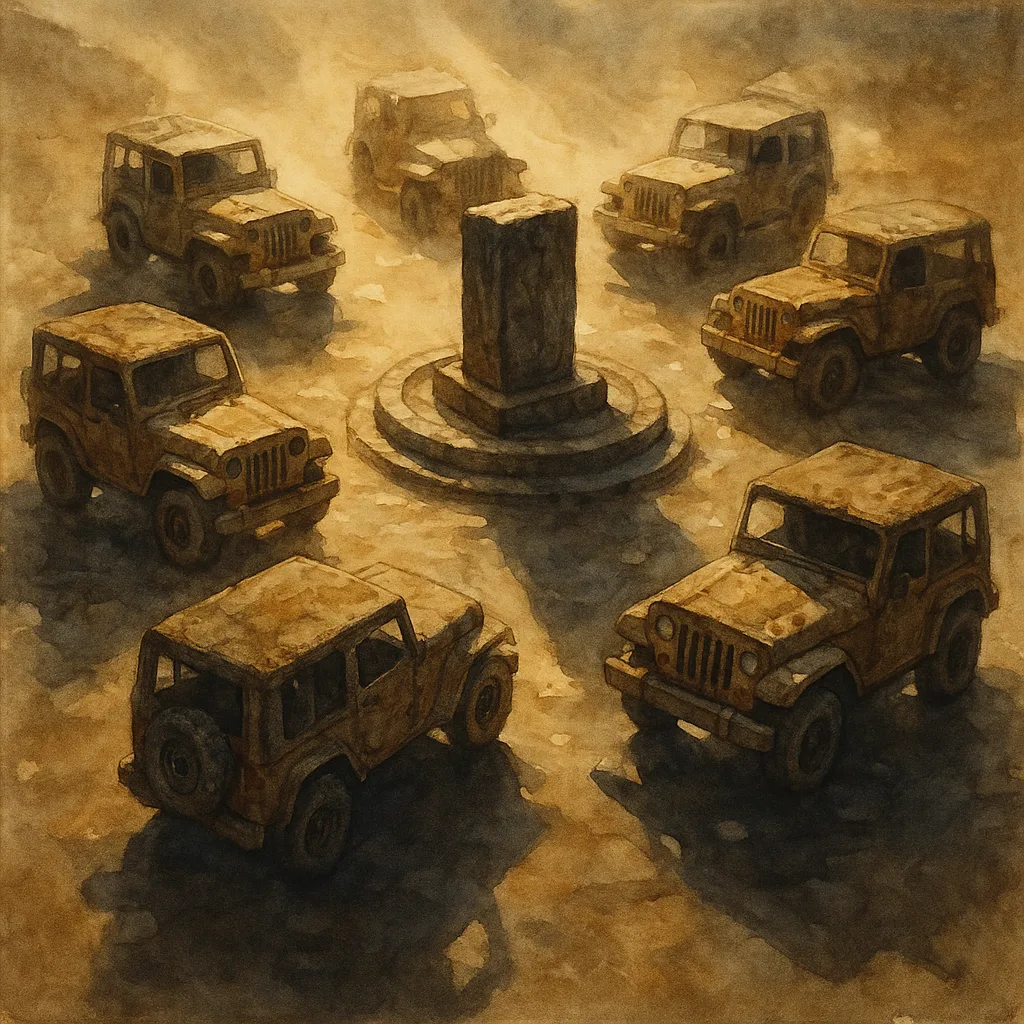 Many Weathered Jeeps Circle a Mysterious Altar