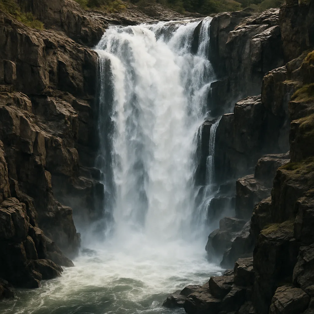 Cascade of Water Tumbled Down Craggy Cliffs