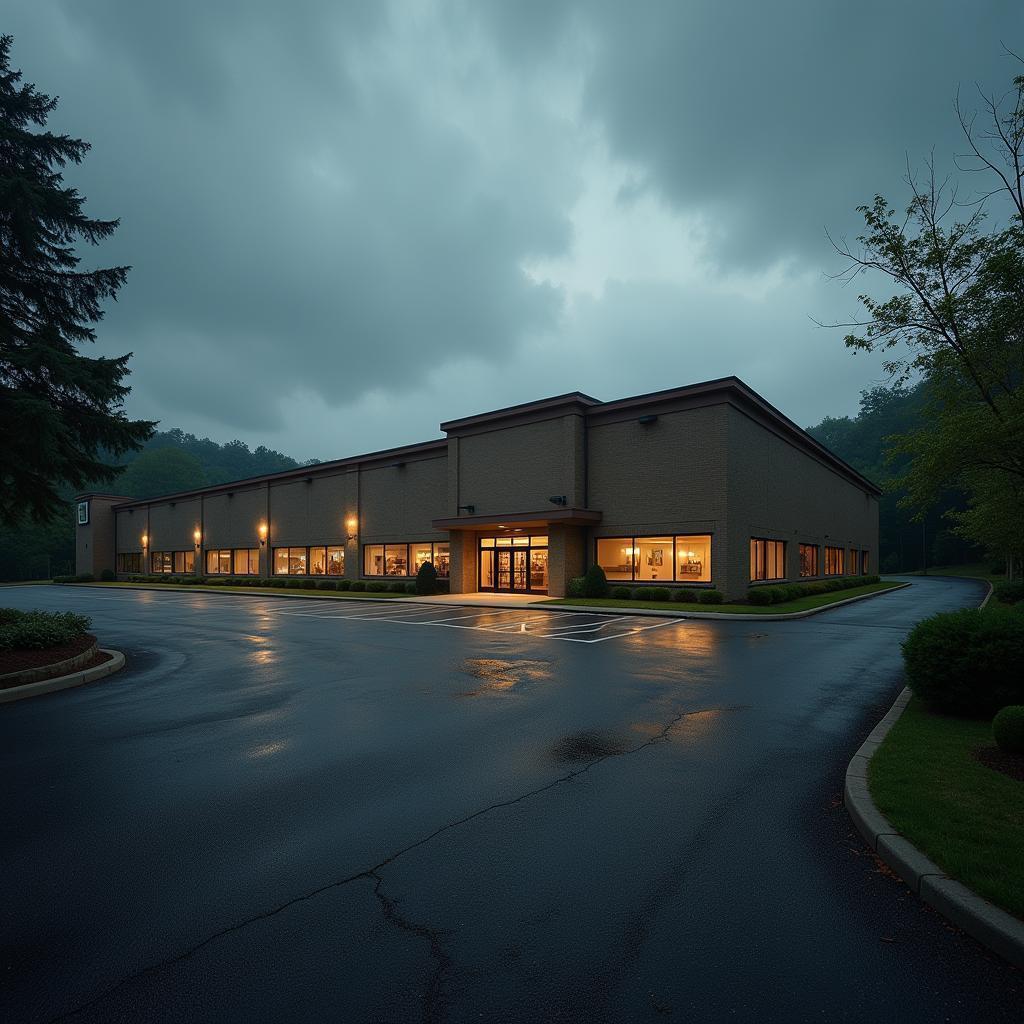 Commercial Building and Grainy Parking Lot Under Moody Skies