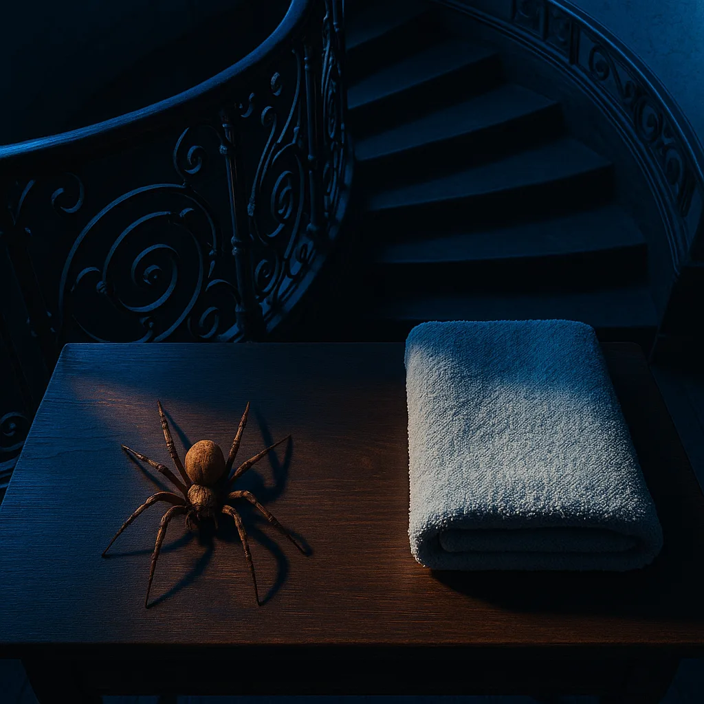 Desk with a Barn Spider and a Bath Towel