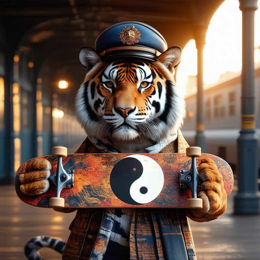 Conductor Hat Tiger With a Yin Yang Skateboard