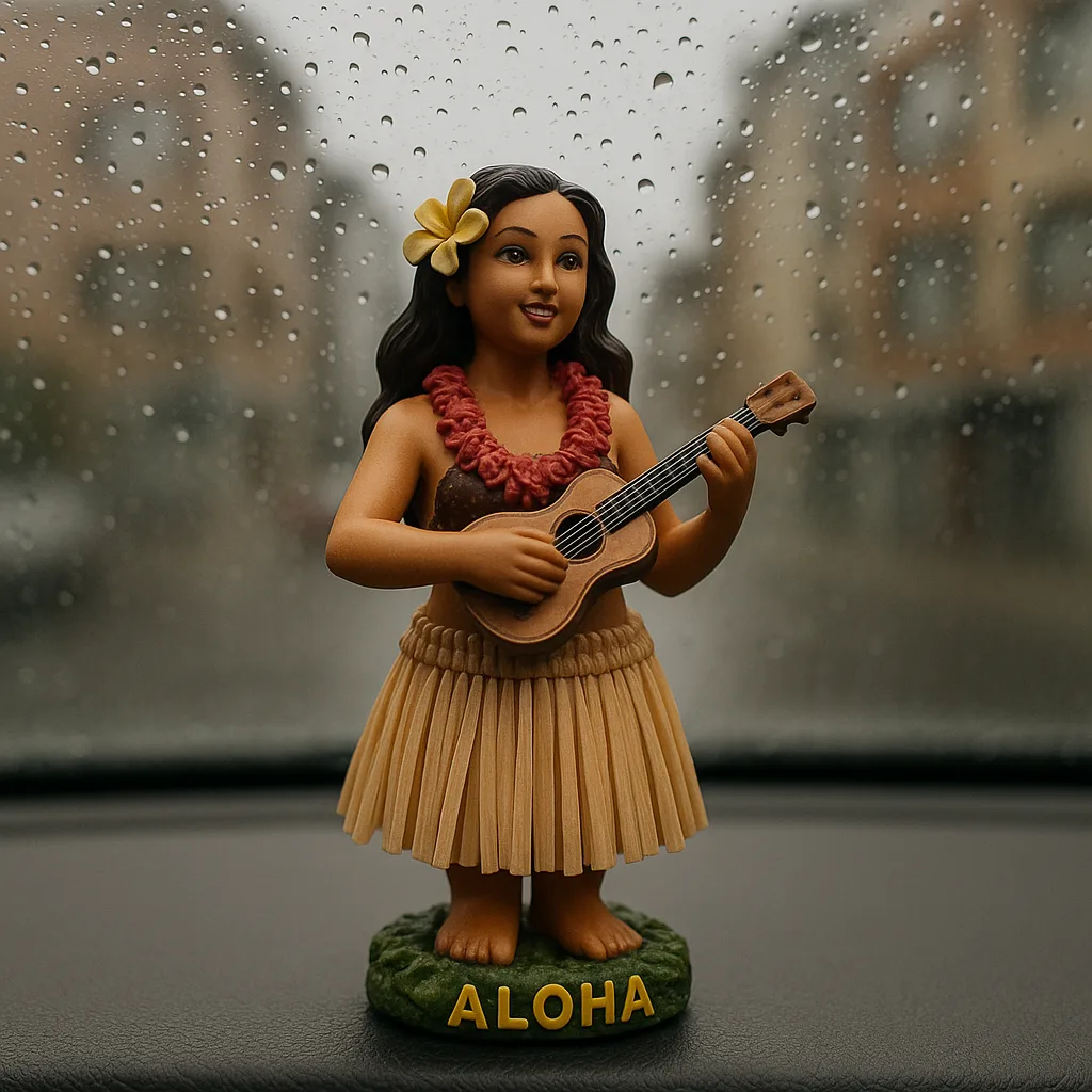 Hawaiian-style Figurine Is Positioned on a Car Dashboard