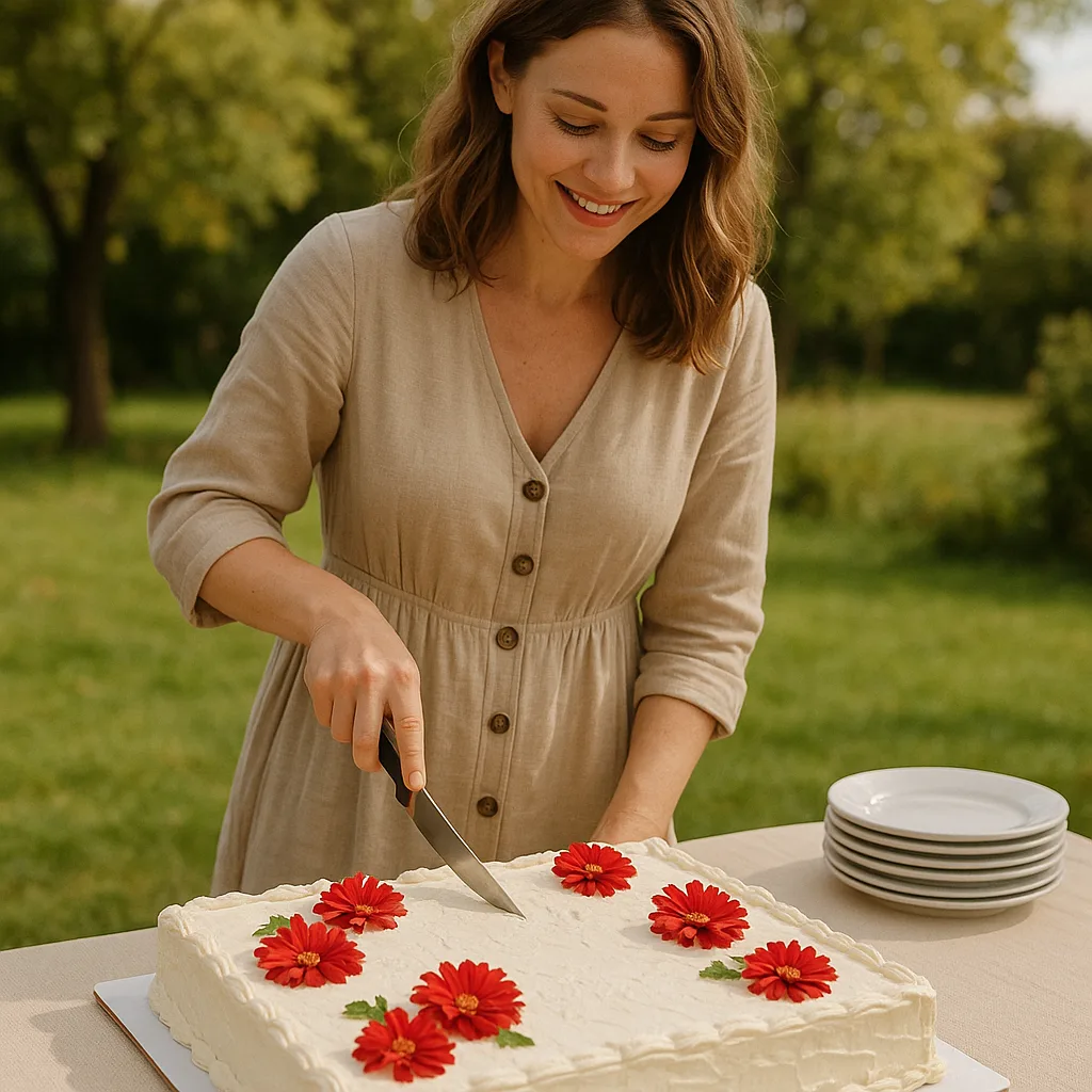 Woman Cuts a Large Rectangular Cake