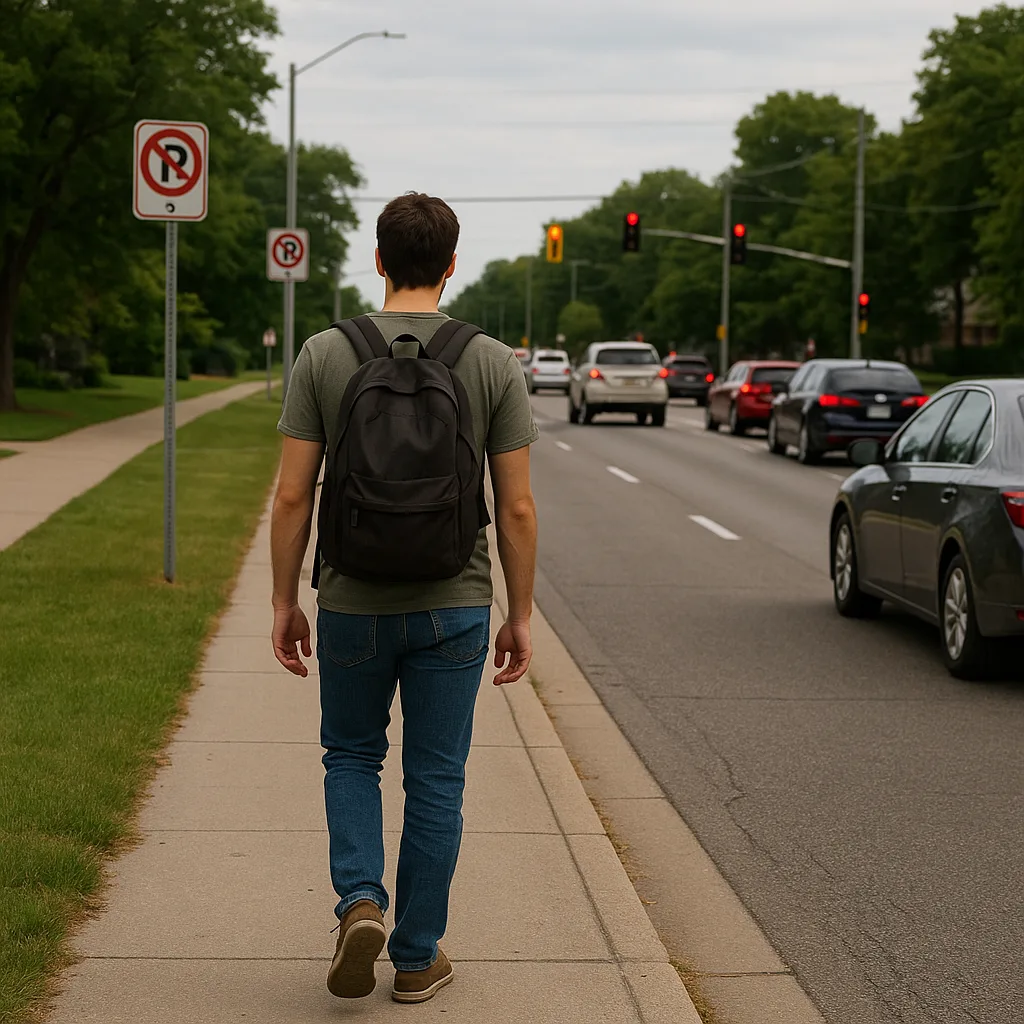 Man with a Backpack Walks Along a Sidewalk